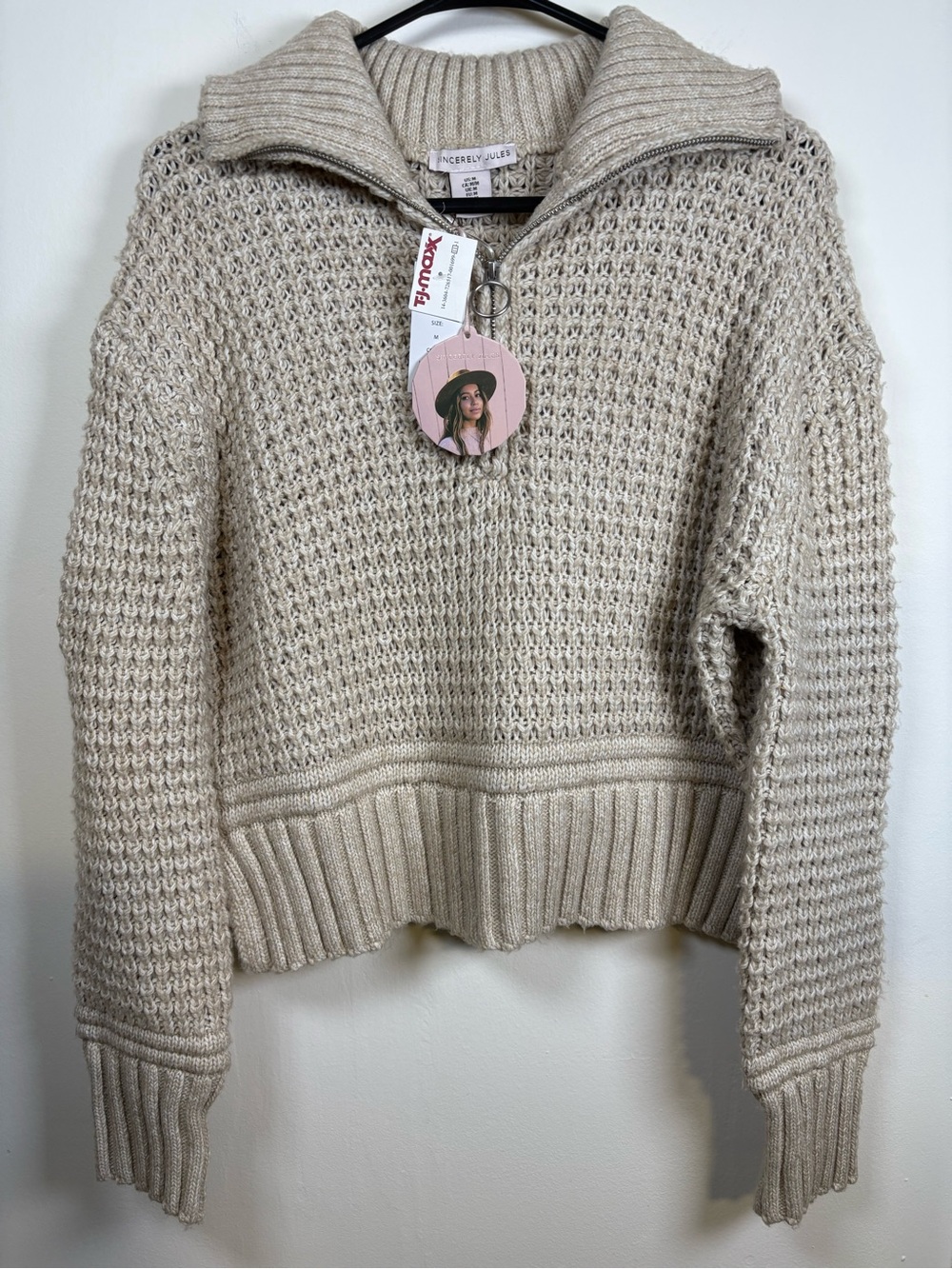 Sincerely Jules Cream Waffle-Knit Half-Zip Sweater